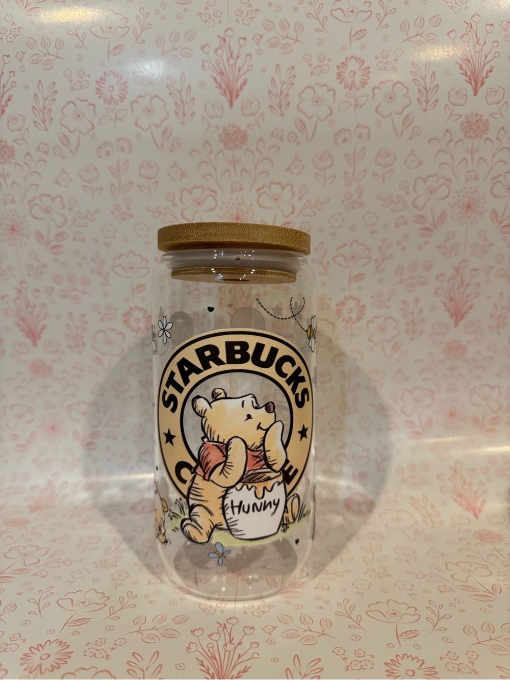 Starbucks Clear Glass Jar with Winnie the Pooh and Yellow Accents